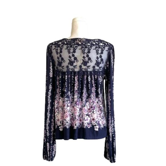 Living Doll Blue Pink Floral Lace Long Sleeve Boho Blouse Top Size Large NEW - Picture 5 of 13